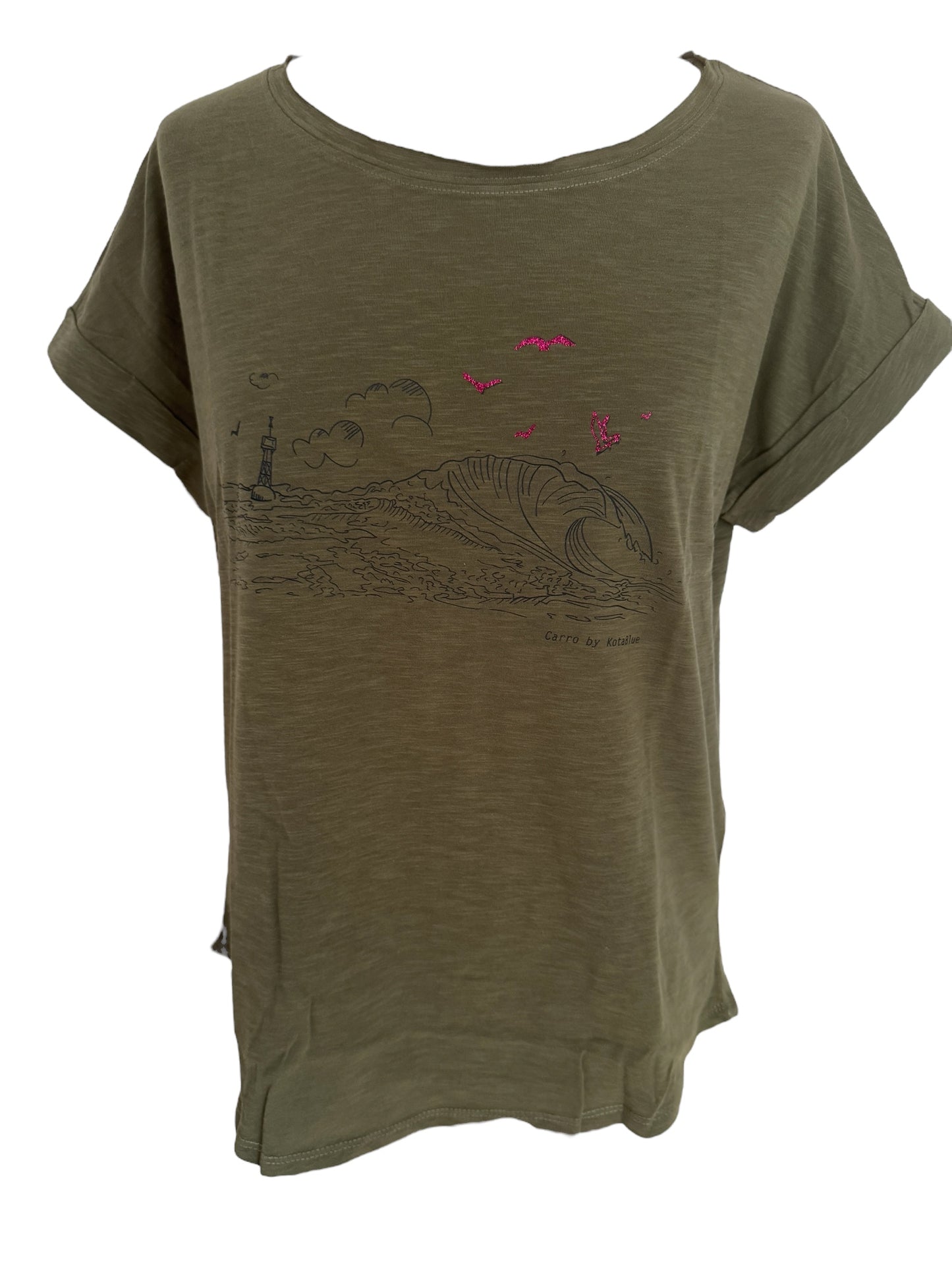 T-shirt vert olive Femme avec le spot de carro et les mouettes en rose pailletés