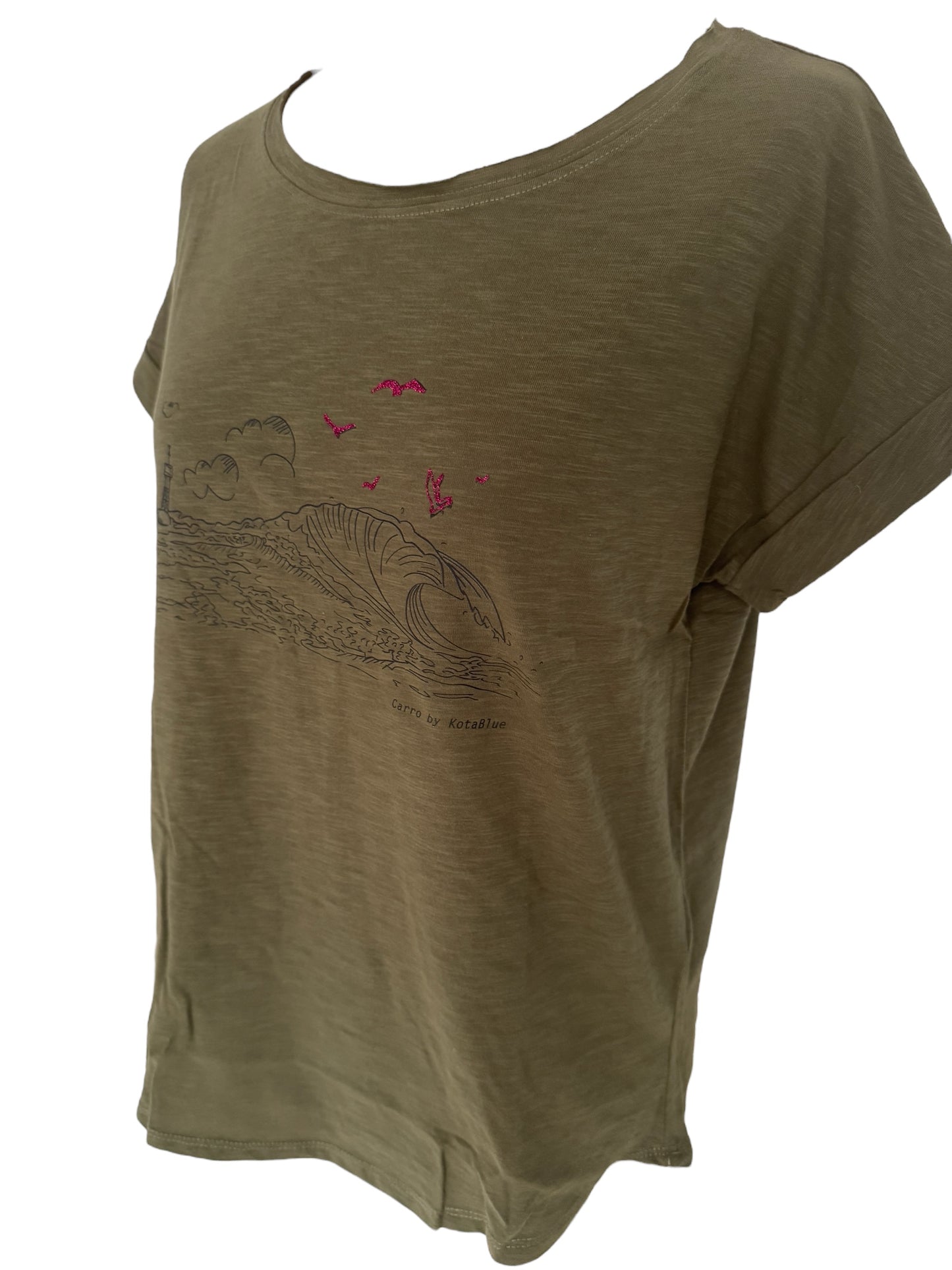 T-shirt vert olive Femme avec le spot de carro et les mouettes en rose pailletés
