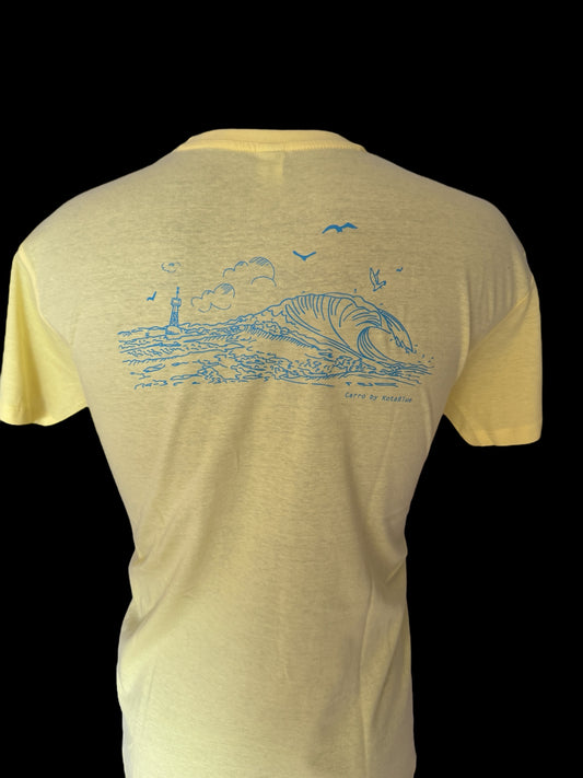 T-shirt Homme jaune pâle, spot de carro en bleu ciel dans le dos