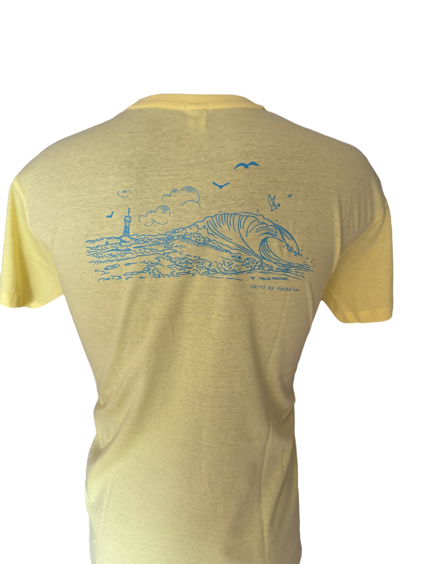 T-shirt Homme jaune pâle, spot de carro en bleu ciel dans le dos