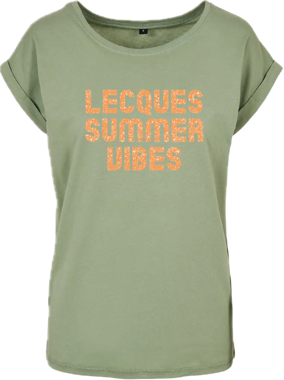 T-shirt kaki clair Femme, LECQUES SUMMER VIBES en orange pailleté