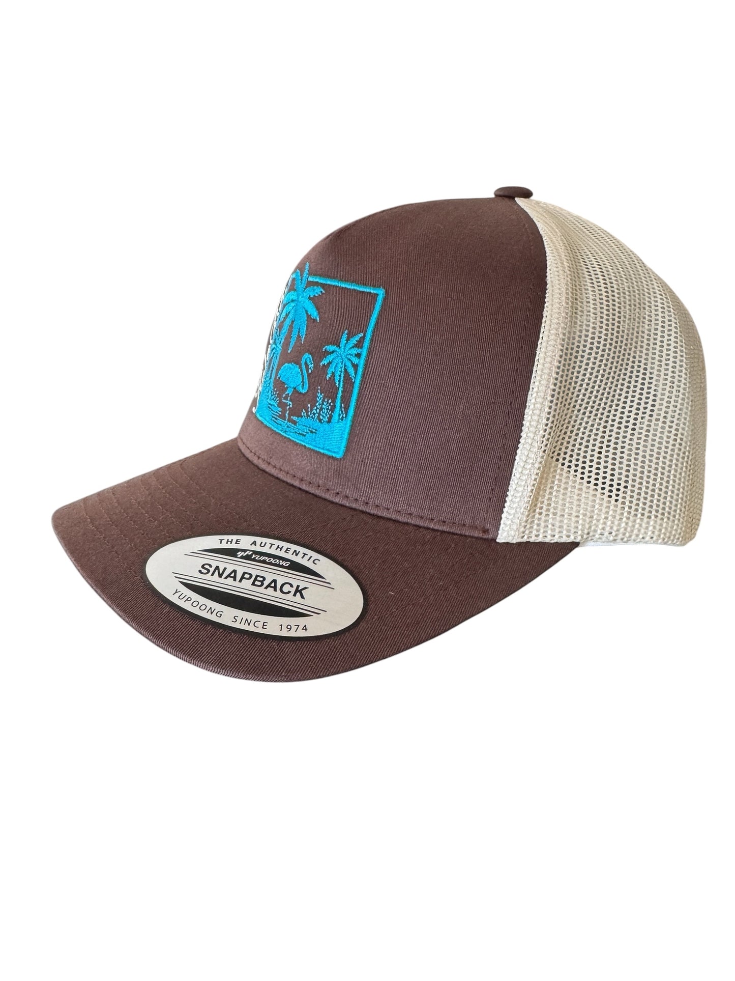 Casquette Retro Trucker chocolat/beige/Palmiers et flamand