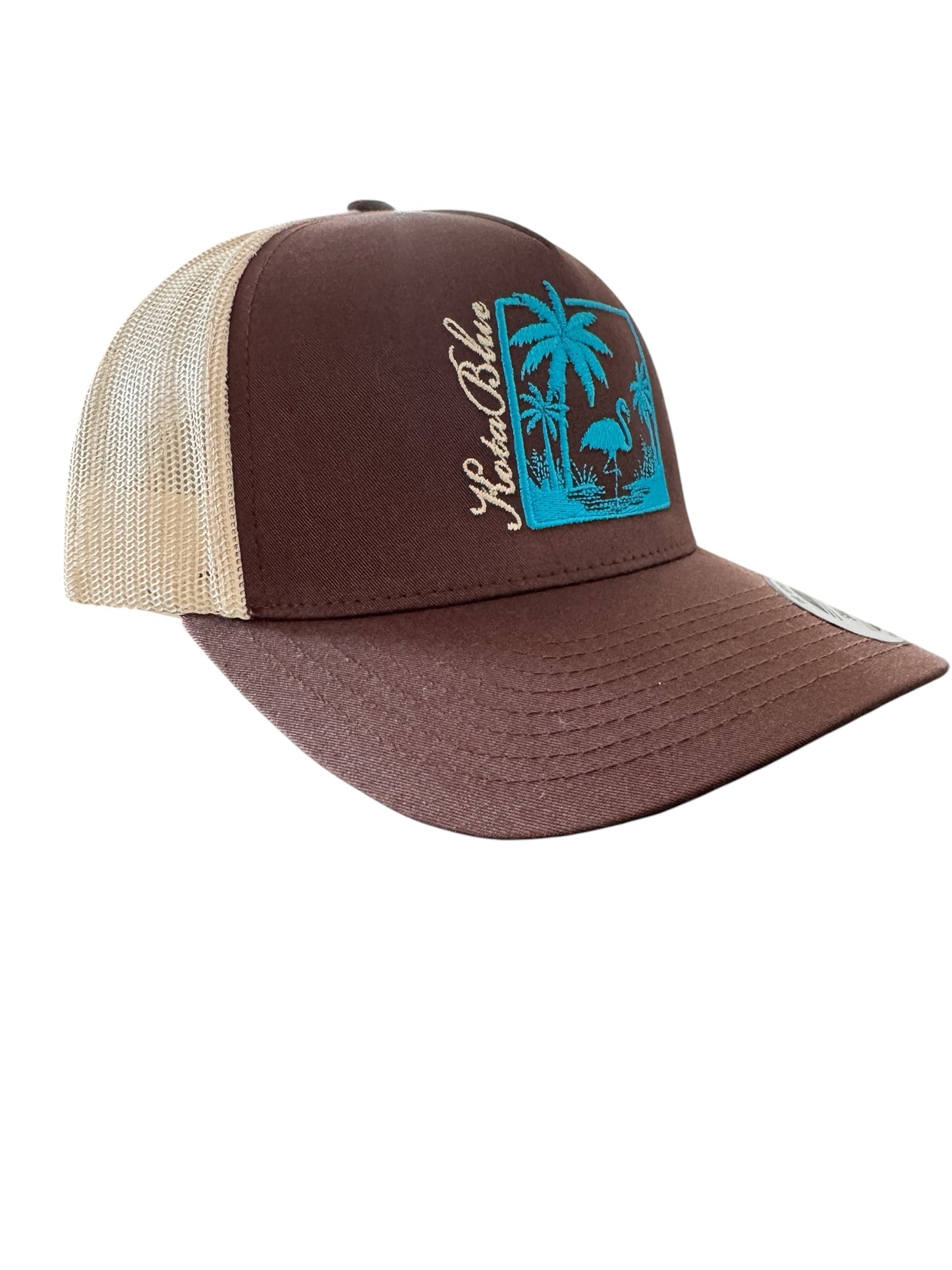 Casquette Retro Trucker chocolat/beige/Palmiers et flamand
