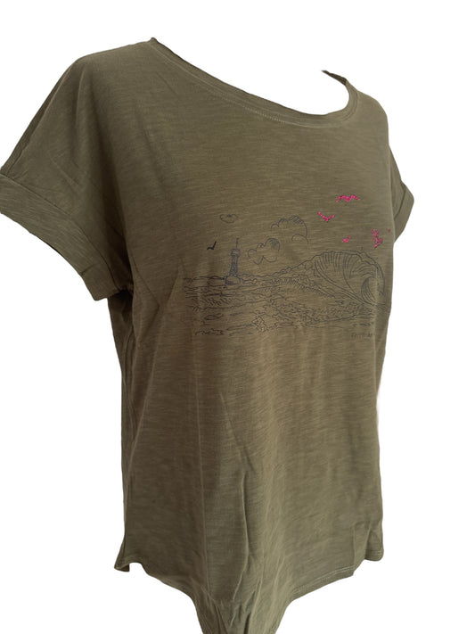 T-shirt vert olive Femme avec le spot de carro et les mouettes en rose pailletés