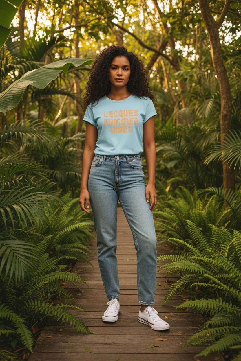 T-shirt bleu clair Femme, LECQUES SUMMER VIBES en orange pailleté