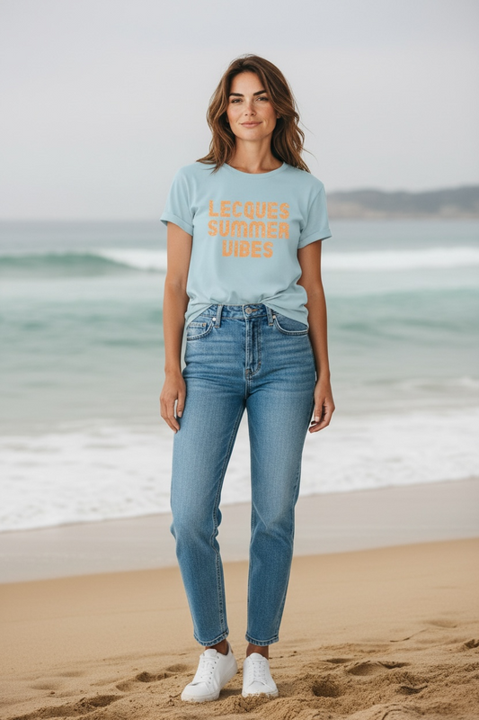 T-shirt bleu clair Femme, LECQUES SUMMER VIBES en orange pailleté