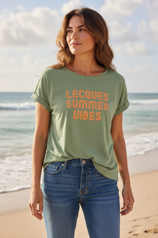 T-shirt kaki clair Femme, LECQUES SUMMER VIBES en orange pailleté