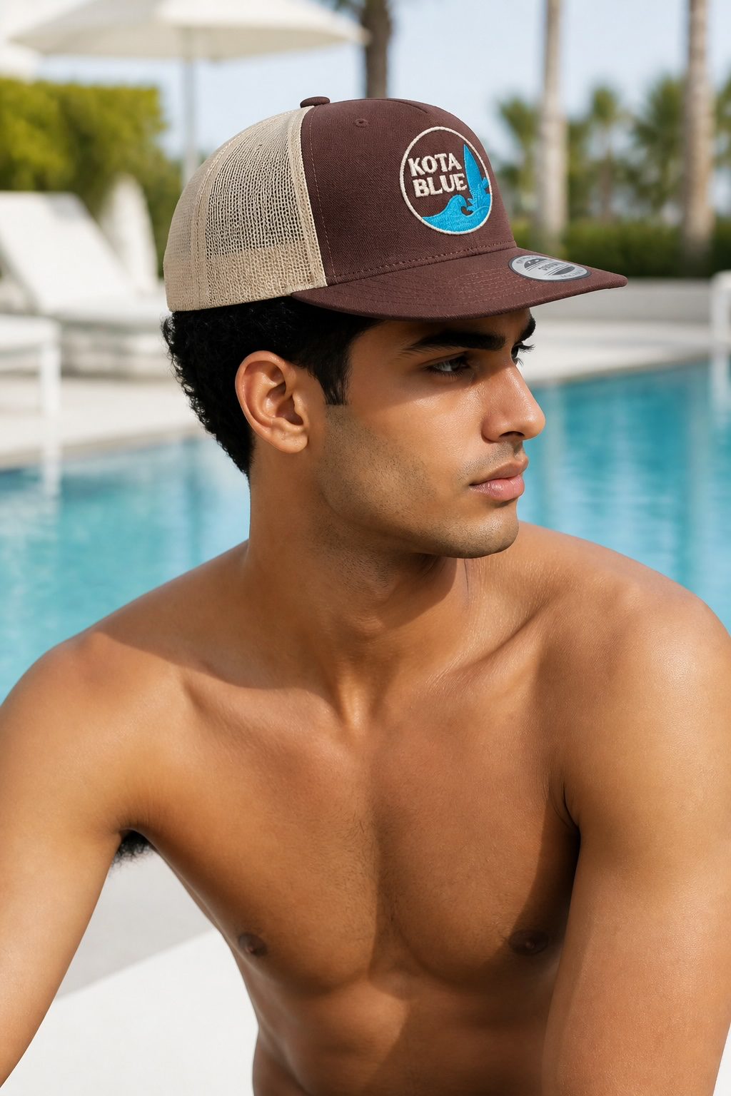 Casquette Retro Trucker chocolat/beige/logo Kota Blue turquoise